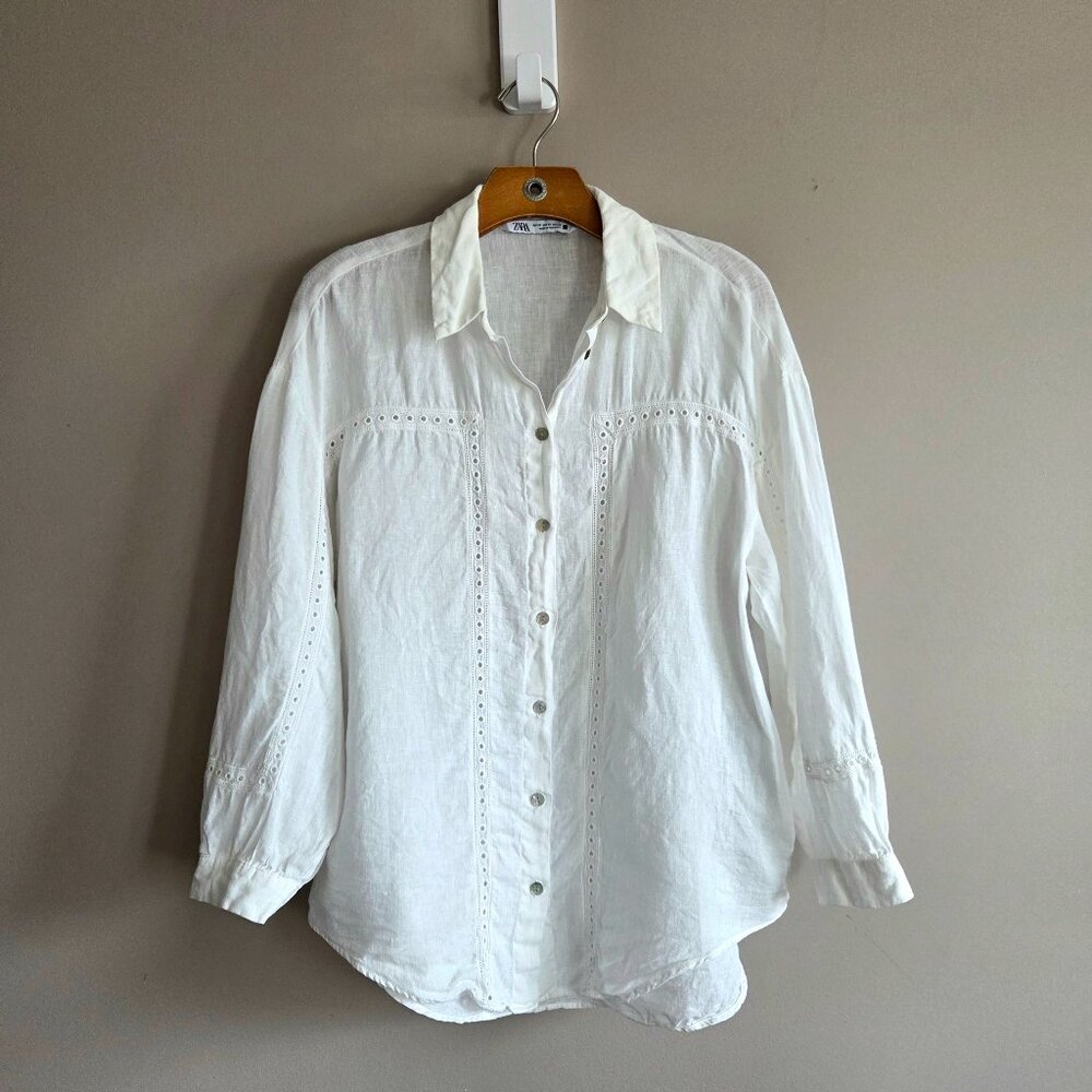 Zara 100% linen white shirt with eyelet embroidery design Peasant Oversized